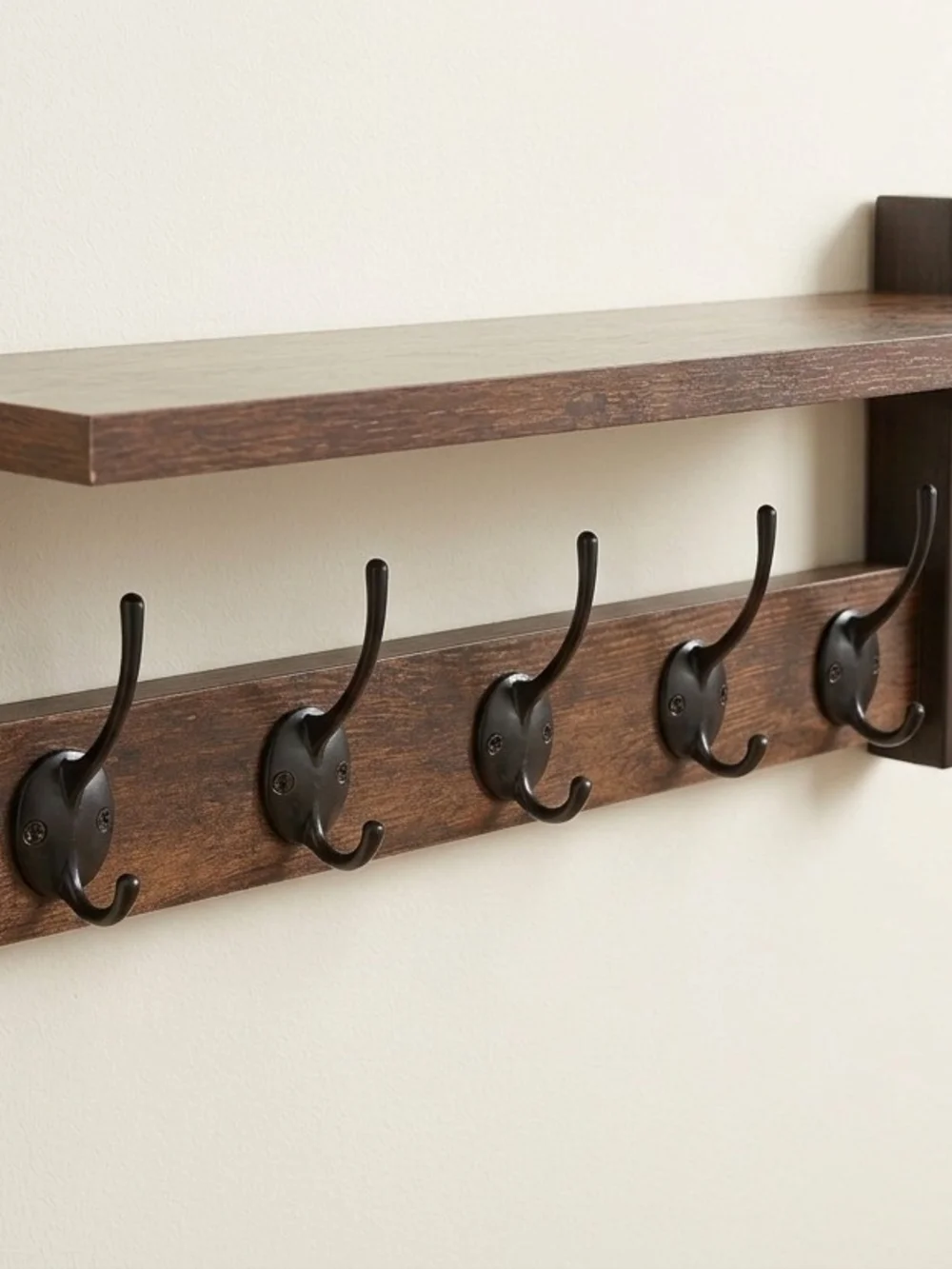 Wood Wall Shelf with 5 Hooks - Brown